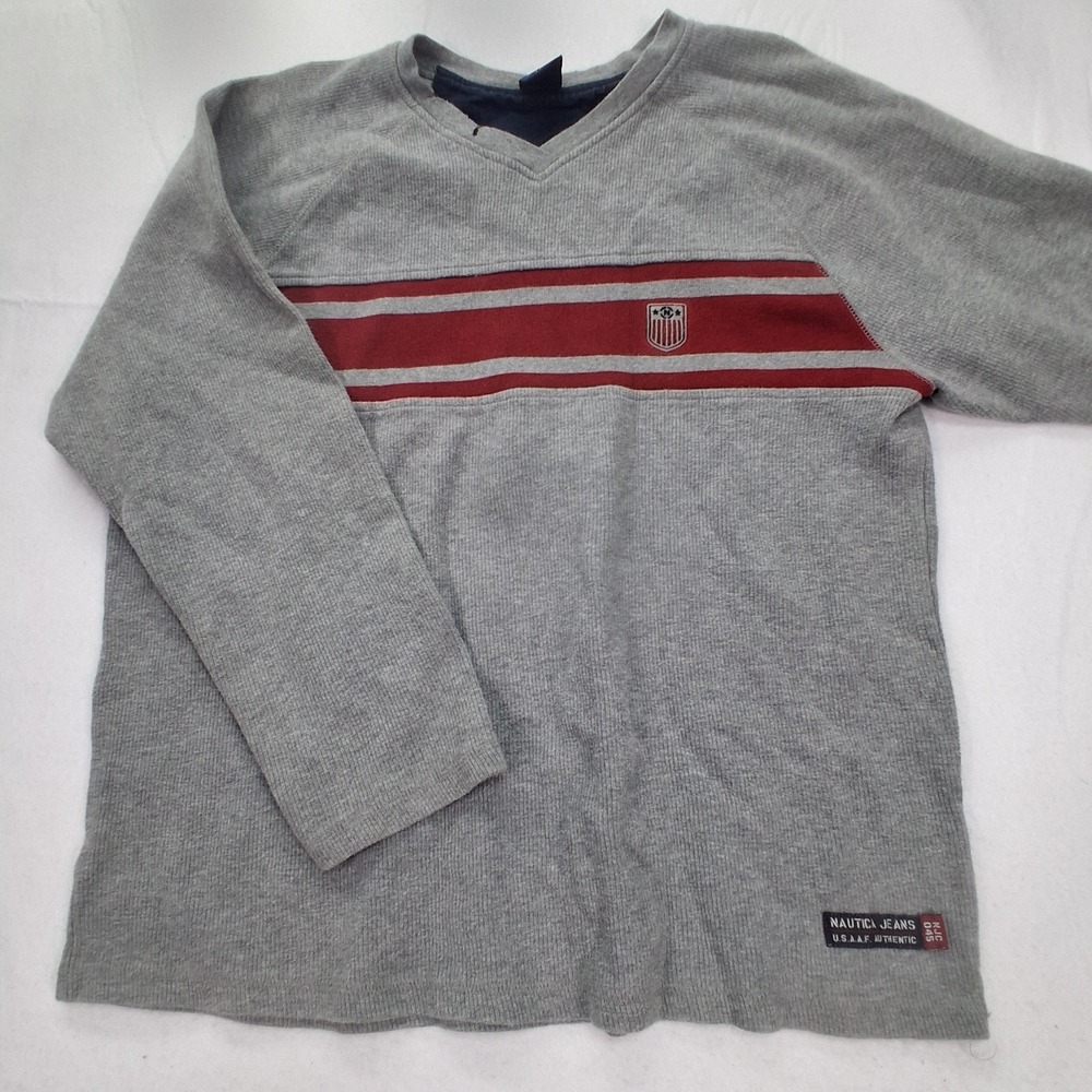 Nautica Jeans Co Thermal Shirt Mens L V-Neck Waffle Knit Gray Maroon Stripe EUC